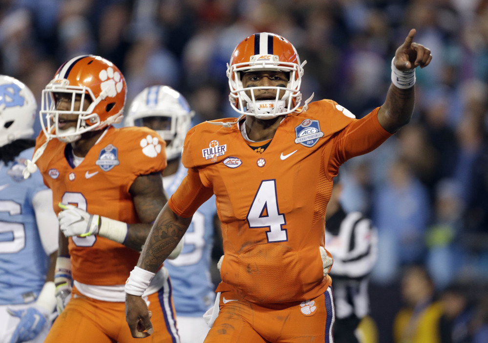 Clemson’s Deshaun Watson celebrates his touchdown against North Carolina in the Atlantic Coast Conference championship game. Clemson finished as the top seed and will play Ohio State in the semifinals of the College Football Playoff on New Year’s Eve.