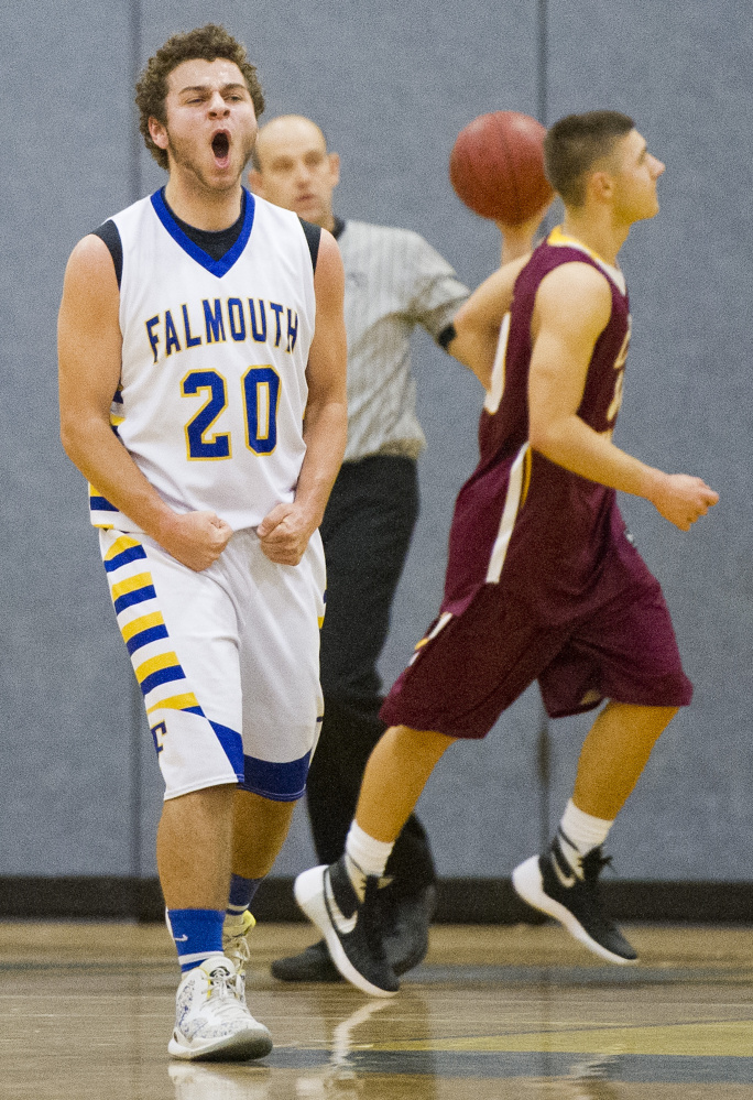 FALMOUTH, ME - DECEMBER 8: Ben Simonds (cq) of Falmouth lets out a yell as his team mounted a comeback after falling behind to Cape Elizabeth early in the second half of a boys basketball game Tuesday, December 8, 2015. (Photo by Gabe Souza/Staff Photographer)