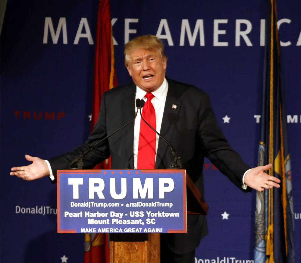 Donald Trump speaks aboard the aircraft carrier USS Yorktown on Sunday in Mt. Pleasant, S.C.