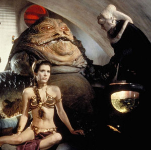 Leia in the thrall of the grotesque Jabba the Hutt.