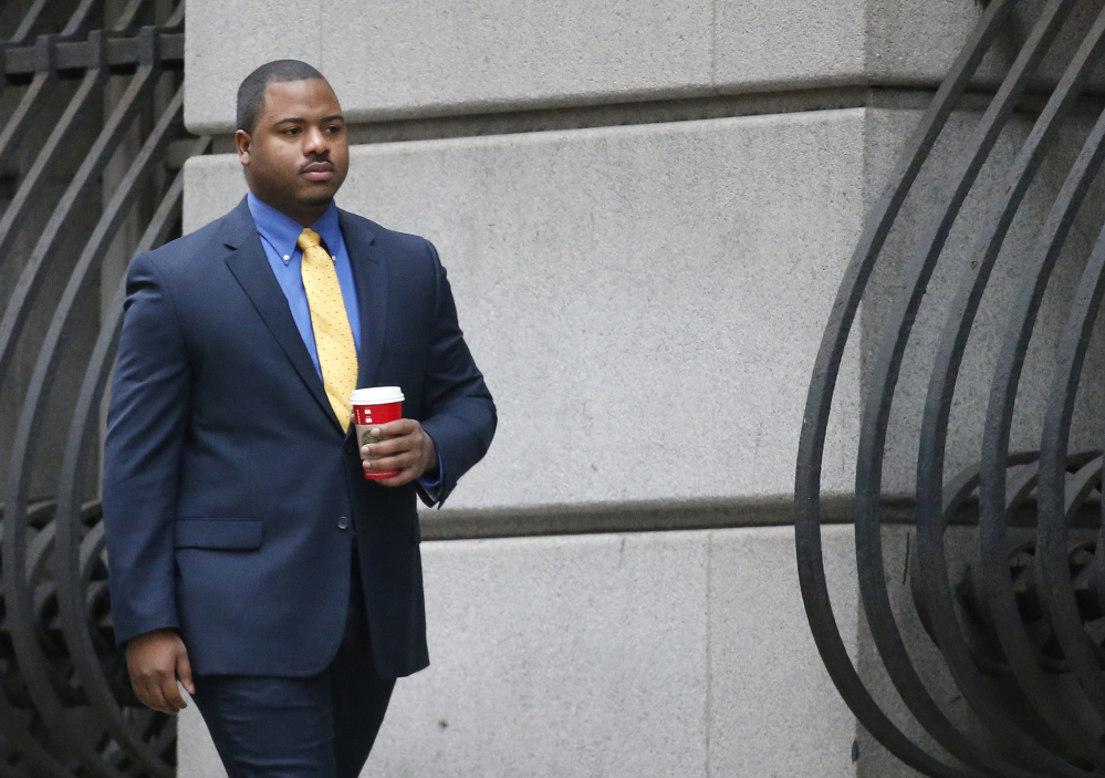 William Porter, one of six Baltimore police officers charged in connection with the death of Freddie Gray, arrives at a courthouse in Baltimore last month.