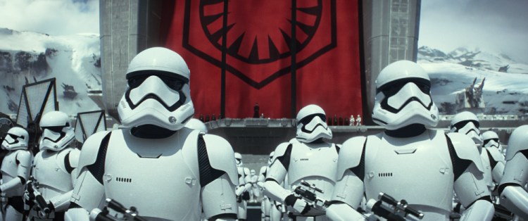 This photo provided by Disney/Lucasfilm shows stormtroopers in a scene from the new film, “Star Wars: The Force Awakens.”