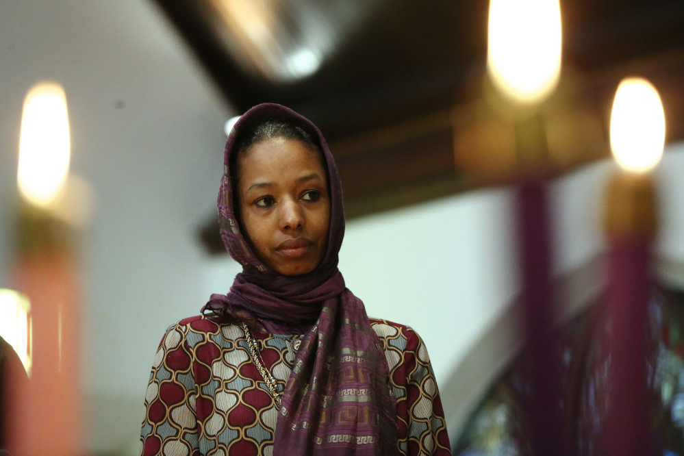 Larycia Hawkins, a Christian who is wearing a hijab over Advent in solidarity with Muslims, attends service at St. Martin Episcopal Church in Chicago on Sunday.
