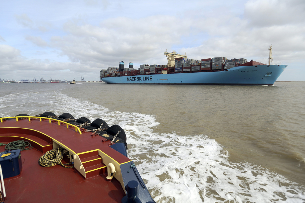 The Morten Maersk Triple-E Class container ship, operated by A.P. Moeller-Maersk, saves fuel as it travels more slowly than container ships did during boom years.