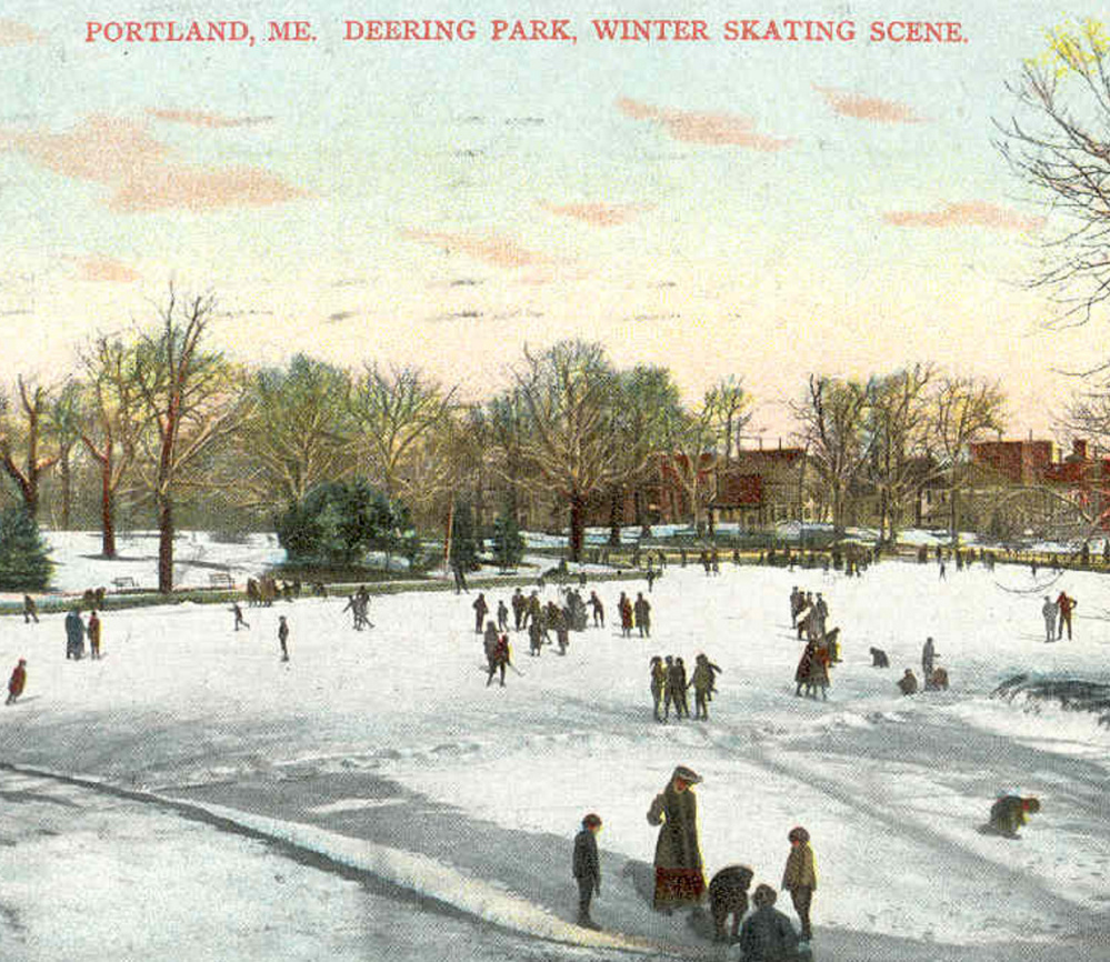 This postcard, mailed in 1909, shows skaters enjoying the frozen pond at Deering Oaks. The pond park was designed in 1879.