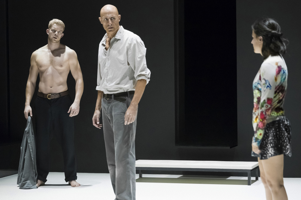 Russell Tovey, left, Mark Strong and Phoebe Fox in “A View From the Bridge.”