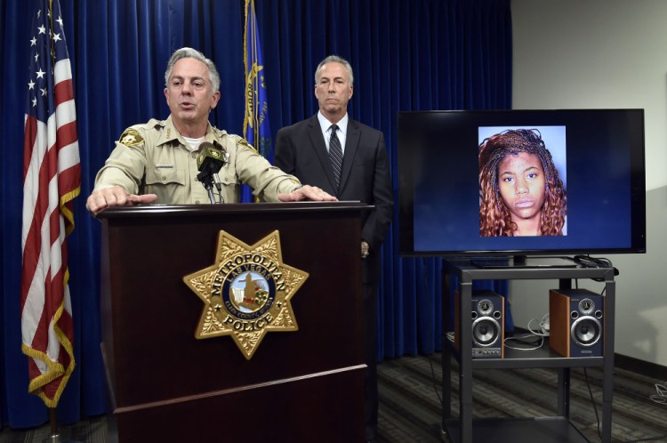 Clark County Sheriff Joe Lombardo, left, and Clark County District Attorney Steve Wolfson speak at a news conference Monday about a car that repeatedly plowed into crowds of people on a sidewalk in Las Vegas, killing one and injuring dozens.