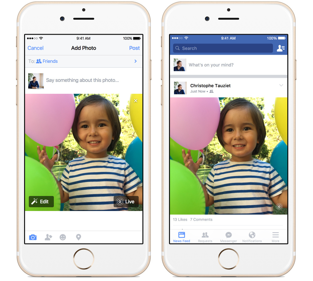 This image from Apple and Facebook shows the posting of an animated photo using Facebook’s new app, left, and the viewing of it, right, on an iPhone. New iPhones come with the ability to turn stills into video, known as Live Photos.