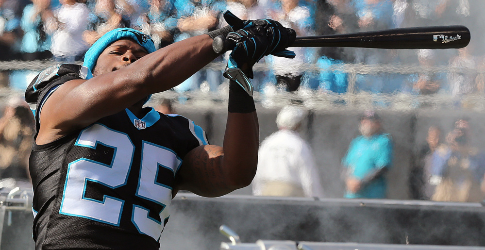 Carolina Panthers cornerback Bene Benwikere swings a bat – a motivational tool for the team – on the field before a home game against Atlanta on Dec. 13. The bat will be relegated to the locker room after a Panther was seen holding it while yelling at the Giants’ Odell Beckham on Sunday.