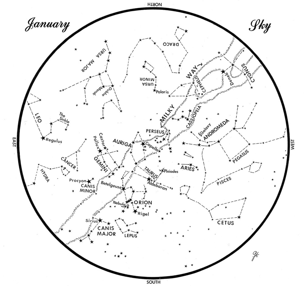 SKY GUIDE: This chart shows the sky as it appears over Maine in January. The stars are shown as they appear at 9:30 p.m. early in the month, 8:30 p.m. at midmonth and 7:30 p.m. at month’s end. No planets are visible at chart times. To use the map, hold it vertically and turn it so that the direction you are facing is at the bottom.