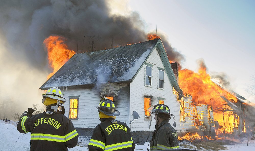 Jefferson firefighters responded to the scene of the fire in Somerville in February that destroyed Scott and Missy Peasley’s home and barn and killed several animals.