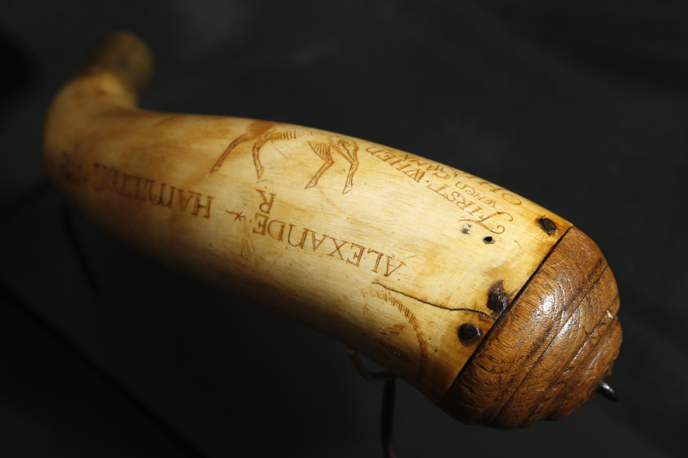 A powder horn etched with Alexander Hamilton’s name, the year 1773 and a unicorn will be put up for auction in Closter, N.J., on Jan. 11.