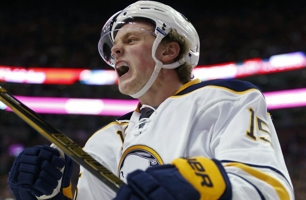 Jack Eichel of the Buffalo Sabres celebrates his goal against the Boston Bruins in Boston on Saturday. The Sabres won 6-3.