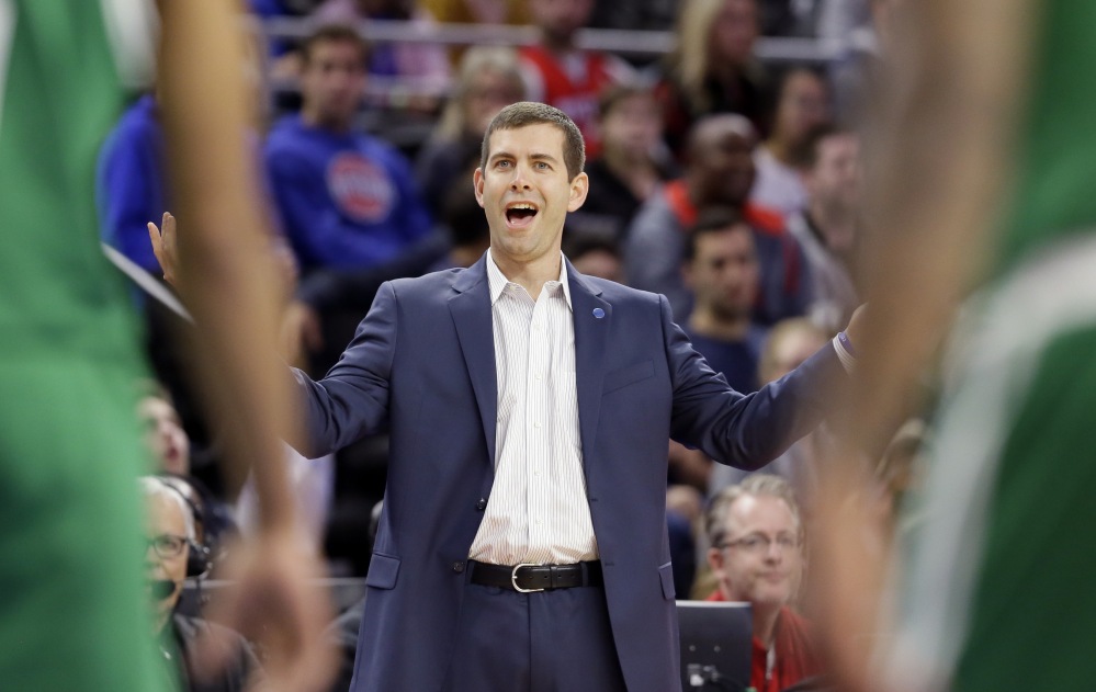 Celtics Coach Brad Stevens reacts on the sideline during the first half the Celtics’ 99-90 win over the Pistons on Saturday in Auburn Hills, Mich.