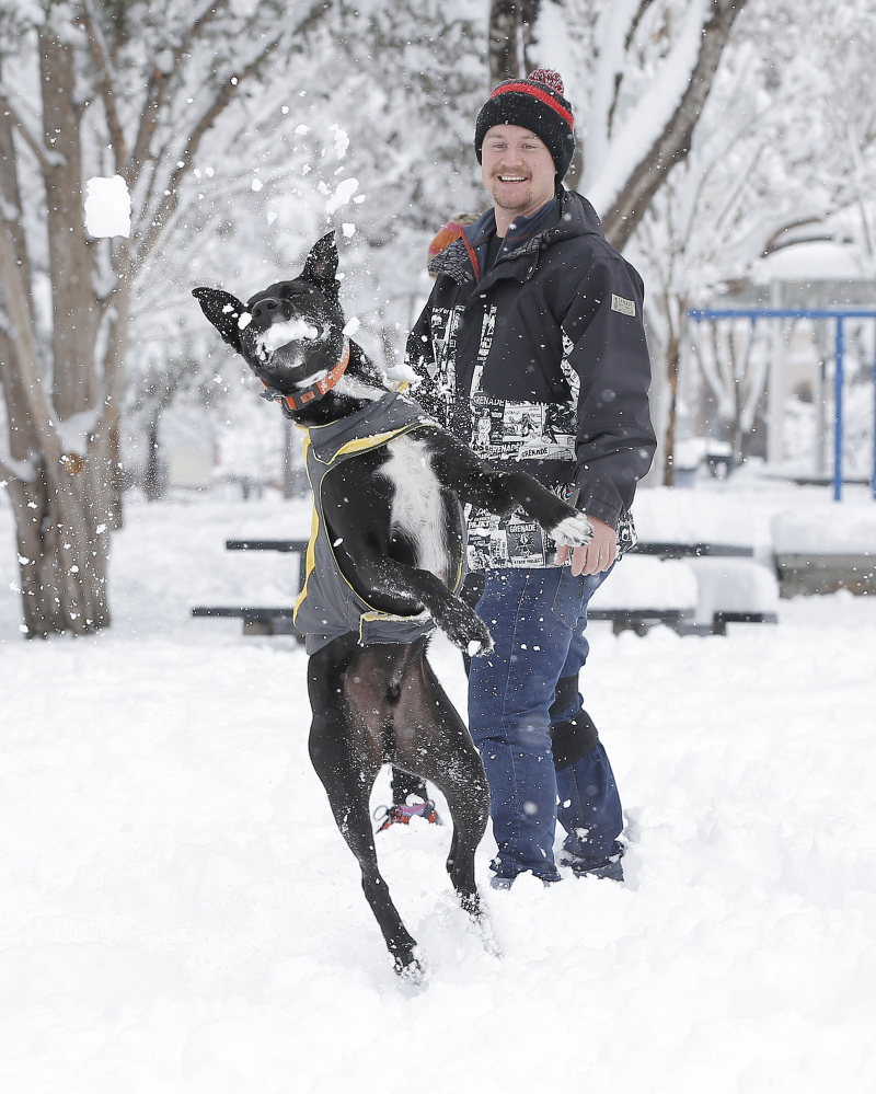 Miles Overstreet throws snowballs to his dog Ferris as they play at Madeline Park in the Kern Place neighborhood of El Paso, Texas, Sunday. A heavy snowfall created a winter playground for El Pasoans.