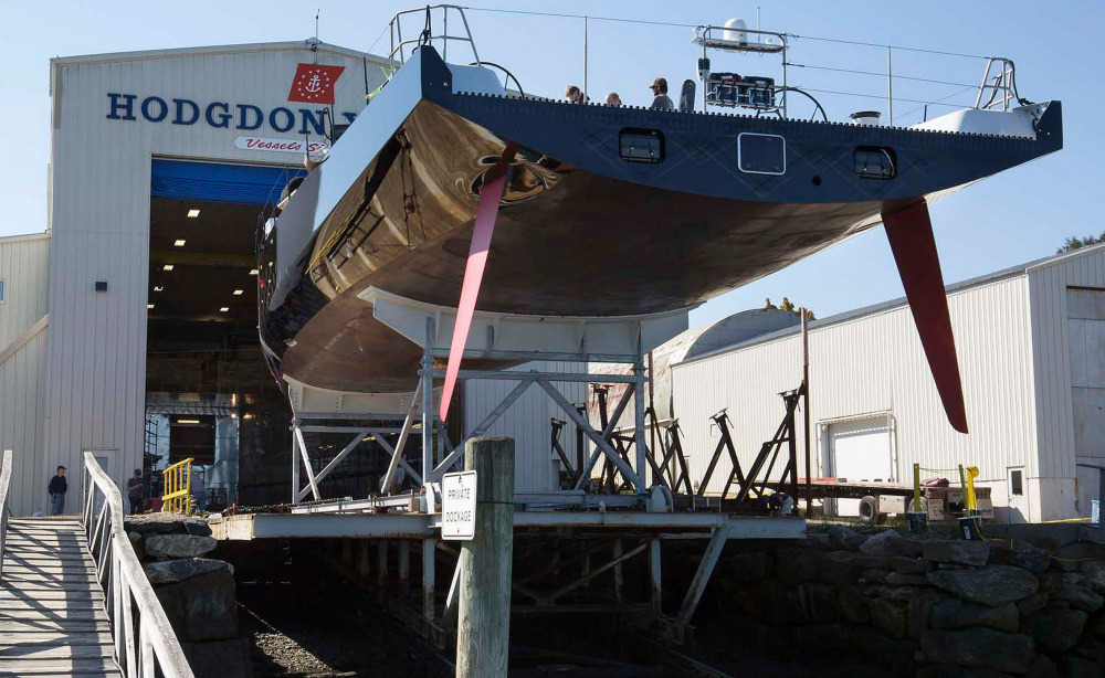The Comanche sits during construction in 2014 at Hodgdon Yachts, which has launched more than 400 vessels – about 150 of them “world class” – in its nearly 200-year history.