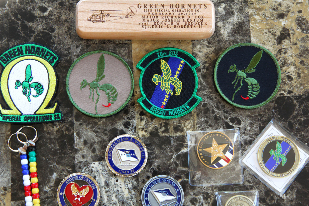 Squadron patches and challenge coins are a few mementos Vietnam veteran Ron Brodeur, 70, of Chelsea, has acquired since his time as a staff sergeant in the Air Force’s 20th Special Operations Squadron known as the Green Hornets.