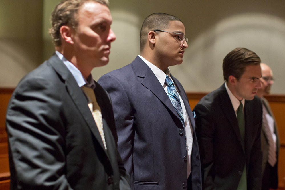 Maine’s highest court has rejected an appeal by Anthony Pratt Jr., who was convicted of murdering Margarita Fisenko Scott in Portland in 2012. At left is attorney Peter Cyr and at far right is attorney Dylan Boyd.