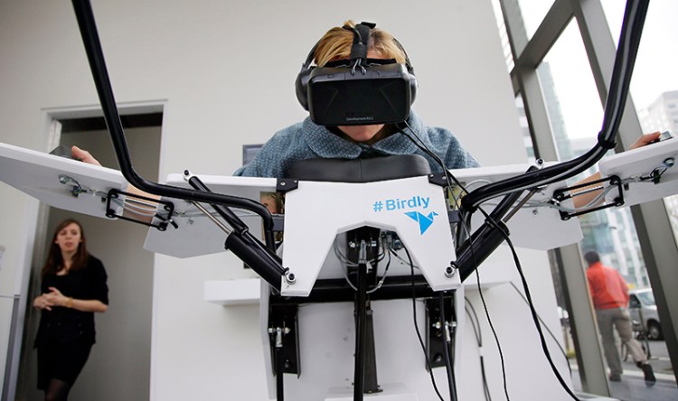 Birdly looks like a futuristic examining table where users lie on their bellies and spread their arms like wings. Using virtual reality goggles, they get a bird’s eye view of New York City. By rotating their hands and flapping their arms, they navigate the skyline. 