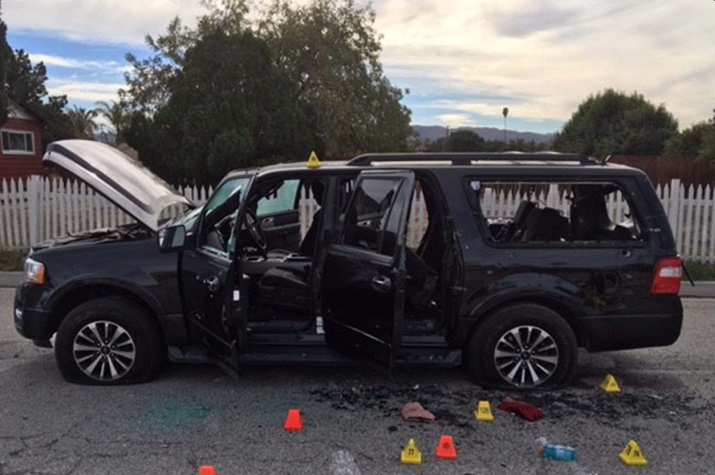 Syed Farook and Tashfeen Malik were in this SUV when they engaged police in a shootout Wednesday  in which they fired 76 rounds, while 23 officers fired about 380, police said.
San Bernardino County Sheriff's Department via AP