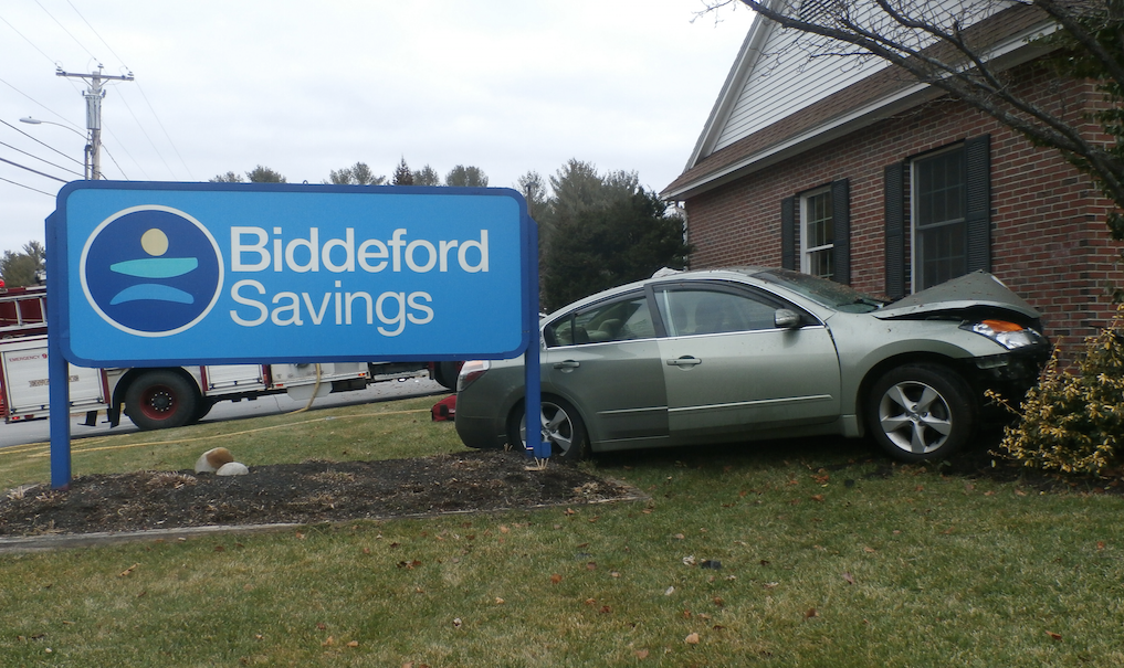Richard Smith's car narrowly missed the Biddeford Savings Bank on Main Street in Waterboro.
Courtesy York County Sheriff's Office