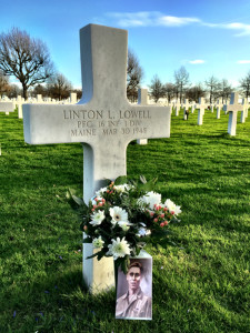 For the first time in 70 years, a likeness of Private First Class Linton Lowell of Portland sits by his grave at The Netherlands American Cemetery in Margraten, the Netherlands. A Christmas Day column in the Press Herald by Bill Nemitz connected  Jos and Monique Krick, who volunteer as caretakers for the grave, with Wayne Smith of Yarmouth, Lowell’s nephew. Smith was the proud keeper of a portrait of his uncle, who died fighting the German in World War II, and emailed the Kricks a copy over the weekend.