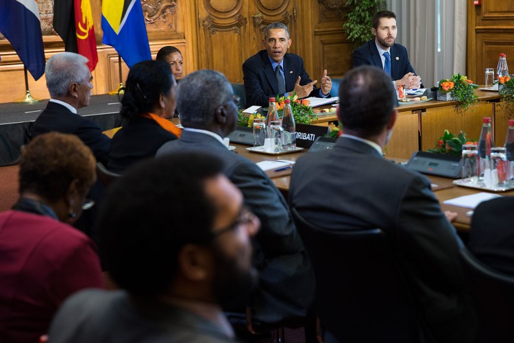 President Obama speaks during a meeting with heads of state from small island nations most at risk from the harmful effects of climate change, in Paris on Tuesday.