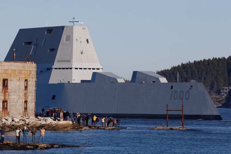 The USS Zumwalt, shown here passing Fort Popham at the mouth of the Kennebec River in Phippsburg last week, was conducting sea trials when it rescued the captain of the Danny Boy.