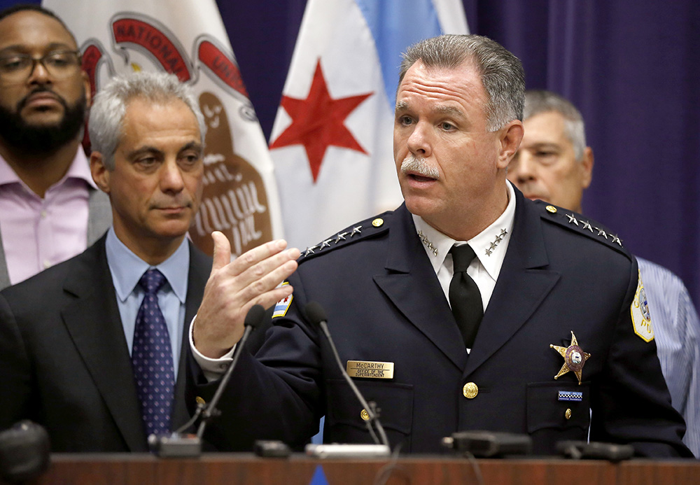 Chicago Mayor Rahm Emanuel, left, and Police Superintendent Garry McCarthy appear at a news conference last Tuesday, announcing first-degree murder charges against police officer Jason Van Dyke in the Oct. 20, 2014, death of 17-year-old Laquan McDonald. The Associated Press