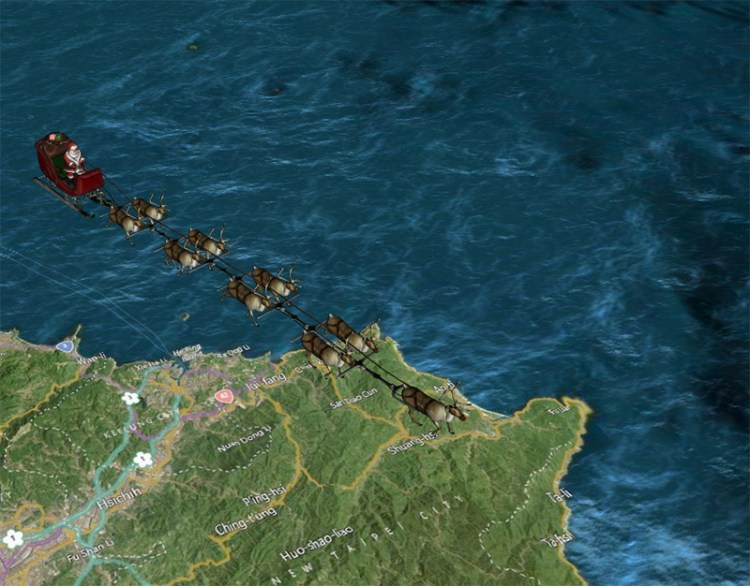 Santa was located over Taiwan about 9:50 a.m. (EST) on December 24 (however, on the other side of the International Date Line, it was Christmas day.)