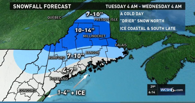 Much of Maine is expected to see snowfall from a winter storm Tuesday. Map courtesy of WCSH-TV