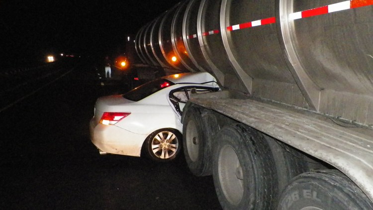 Ronald Strout, 36, of Buxton was taken to Maine Medical Center with minor injuries Tuesday after his Honda Accord got wedged under a tractor trailer on the Maine Turnpike in Falmouth.
