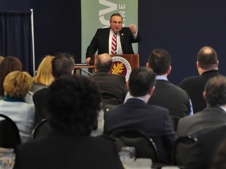 Gov. Paul LePage speaks about his ideas to help the state be more prosperous during a Mid-Maine Chamber of Commerce business breakfast series at Thomas College in Waterville on Thursday morning. David Leaming/Morning Sentinel