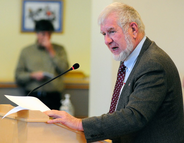 Sen. David Woodsome, R-North Waterboro, introduces his bill Thursday before the Legislature's Health and Human Services Committee. He said, "When I say this legislation is a matter of life and death, I am not exaggerating.”
Joe Phelan/Kennebec Journal