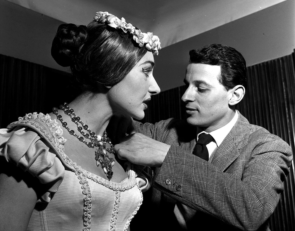 Maria Callas in 1955 with costumer designer Piero Tosi.
