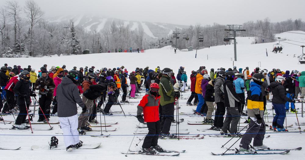  Sugarloaf’s lift lines were longer than usual Wednesday as the crowd included many skiers and snowboarders who might otherwise have been at Saddleback in Rangeley.