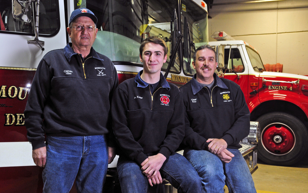Capt. Dan Niles, from left, Angus Koller and Chief Dan Roy are part of a vibrant volunteer fire department in Monmouth, which has a roster of 55 firefighters.