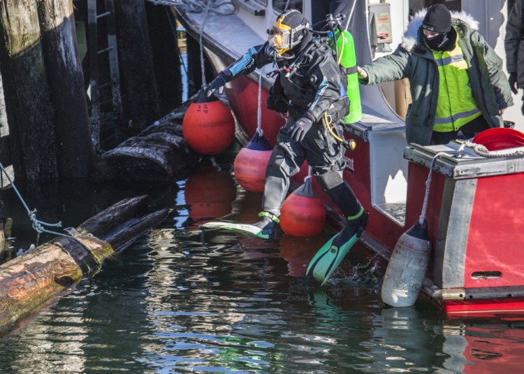 Divers from Portland and South Portland police departments continue their dive search for James Dyer near Union Wharf in Portland on Tuesday.