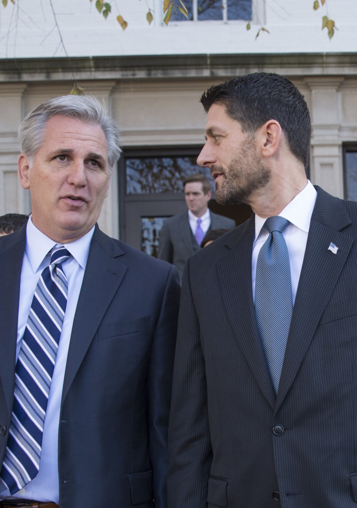 House Speaker Paul Ryan, R-Wis., right, talks with Majority Leader Kevin McCarthy, R-Calif., last month.