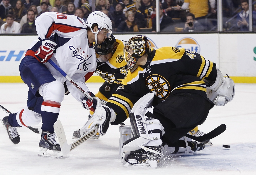 The Capitals’ Marcus Johansson scores in the third period, when Washington took a two-goal lead that Boston couldn’t overcome.