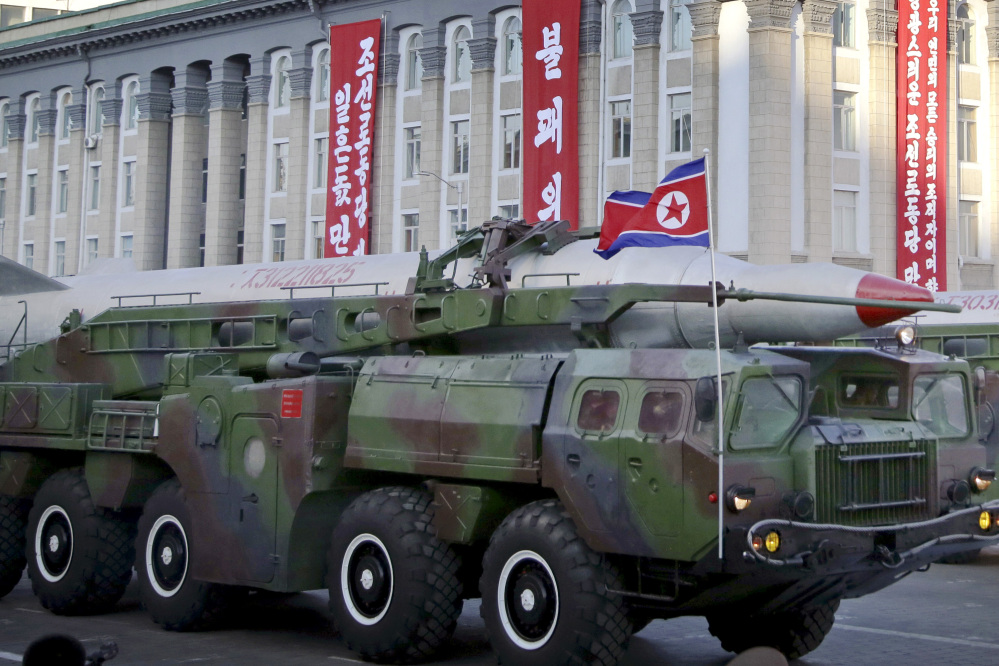 What is believed to be an improved version of the KN-08 ballistic missile is paraded in Pyongyang, North Korea, during the 70th anniversary celebrations of its ruling party’s creation in September 2015. 