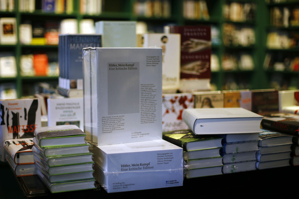 The Associated Press
A copy of “Hitler, Mein Kampf: A Critical Edition” stands on a display table in a bookshop in Munich, Germany, on Friday. The annotated edition of “Mein Kampf” is the first version of Adolf Hitler’s notorious manifesto to be published in Germany since the end of World War II.