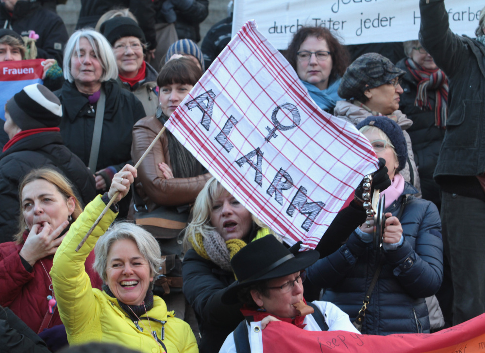 Women protest racism and sexism in Cologne, Germany, on Saturday in the aftermath of a string of New Year’s Eve sexual assaults and robberies blamed chiefly on foreigners.