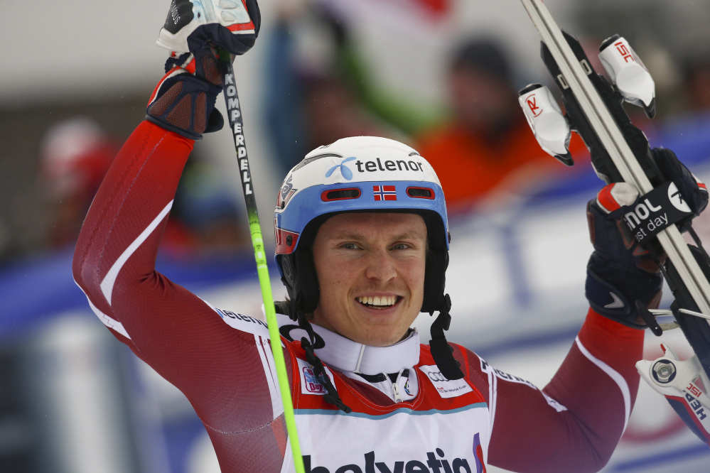 Henrik Kristoffersen celebrates in the finish area after winning the World Cup men’s slalom at Adelboden, Switzerland, on Sunday.