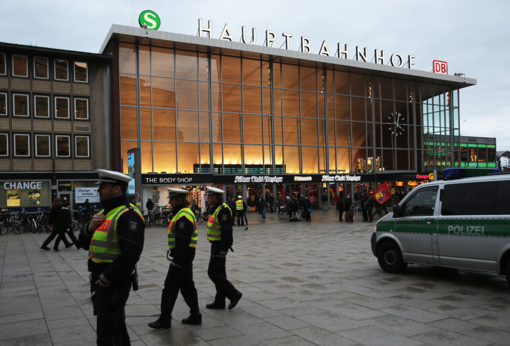 Police patrol in front of the central railway station in Cologne, Germany, on Monday. A string of attacks on women in Cologne on New Year’s Eve blamed largely on foreigners has led to retaliatory assaults on immigrants.