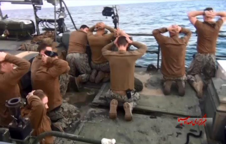 American Navy sailors are detained by Iranian Revolutionary Guards in the Persian Gulf in a January 2016 photo released by the Iranian state-run IRIB News Agency.