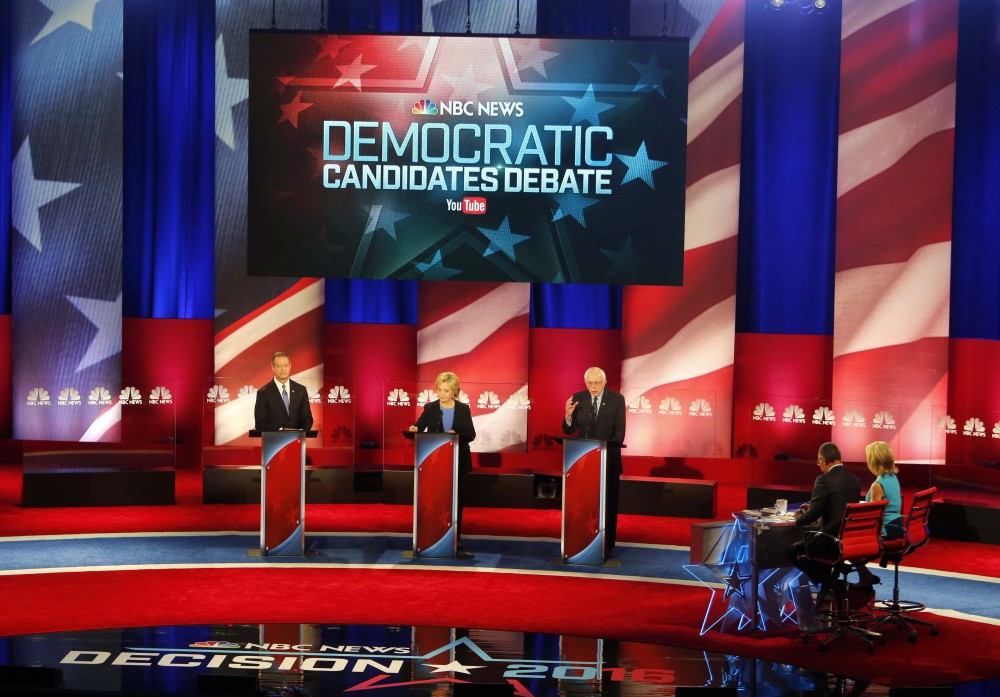 Sen. Bernie Sanders, I-Vt, right, delivers his opening statement at the NBC, YouTube Democratic presidential debate at the Gaillard Center on Sunday in Charleston, S.C. To the left is former Maryland Gov. Martin O’Malley and to the center is Hillary Clinton.