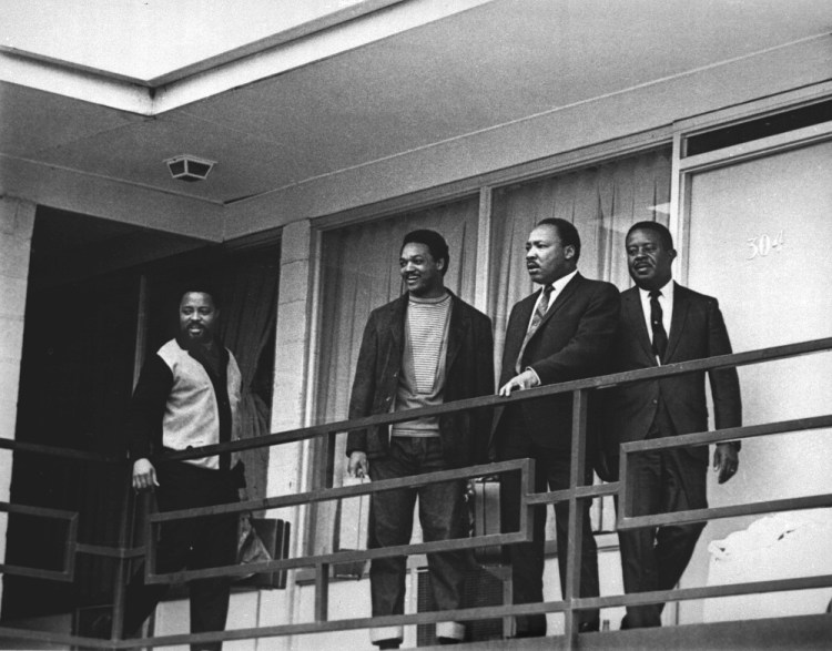 The Rev. Martin Luther King Jr., in this 1968 photo, stands with other civil rights leaders on the balcony of the Lorraine Motel in Memphis, a day before he was assassinated. From left are Hosea Williams, Jesse Jackson, King and Ralph Abernathy. King is one of America’s most famous victims of gun violence.