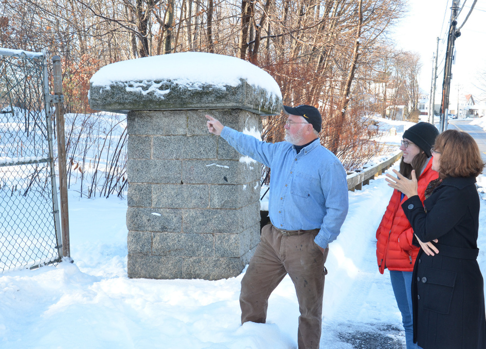 Dana Peck, owner of Maine Architectural Ironworks, is donating his labor to design the new gateway to Clifford Park. With him at the park are Katie Labbe, the city’s Adopt-A-Park coordinator, center, and Catherine Glynn, a park trail steward.