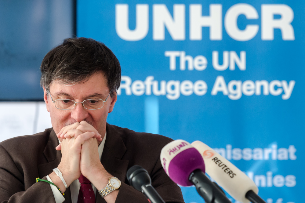UNHCR representative in Baghdad Bruno Geddo addresses the media on the humanitarian situation in Iraq at the UN Regional Information Centre in Brussels on Tuesday.
